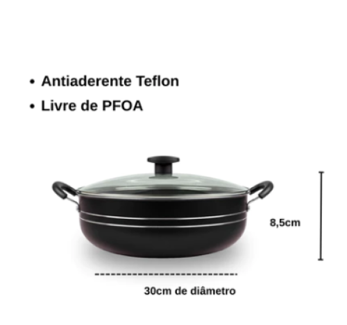 Panela Grande Frigideira Wok Silver Lines Antiaderente com alças + Tampa.