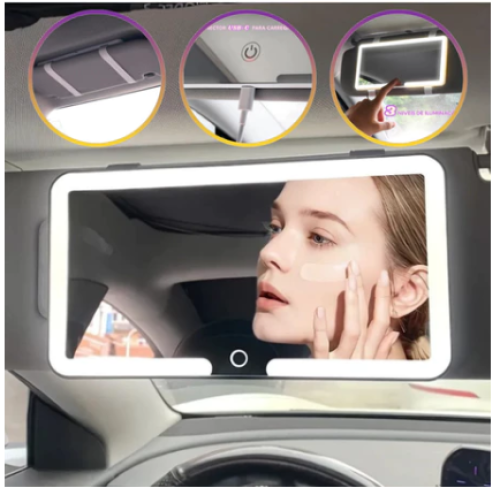 Espelho LED Para Quebra Sol De Carro Com 3 Modos de Led Recarregável Touch Luz Branco Quente Frio