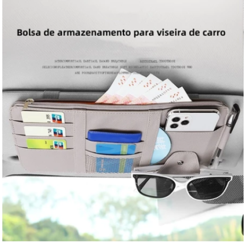 Organizador de Viseira de Carro Multifuncional em Couro PU | Suporte para Óculos | Acessório de Carro Premium