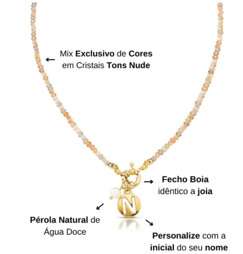 Colar Cristais Nude, Inicial, Banhado A Ouro Com Pérola