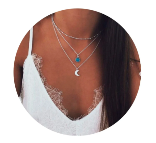 Colar 3 Camadas Choker Pingente Lua Delicadeza Feminina Prateado