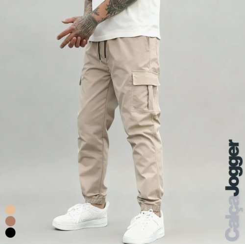 Calça Jogger Cargo Masculina Sarja Calca Streetwear Punho