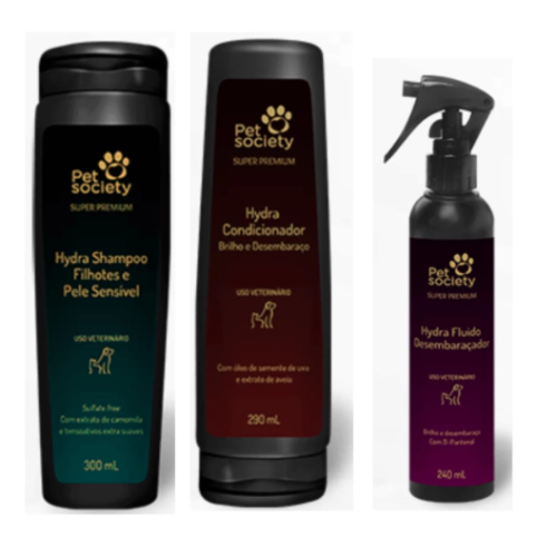 1 Shampoo Filhotes 1 Condicionador 1 Fluido Desembaraçador de Pelos Pelo Society Banho Profissional Cães e Gatos