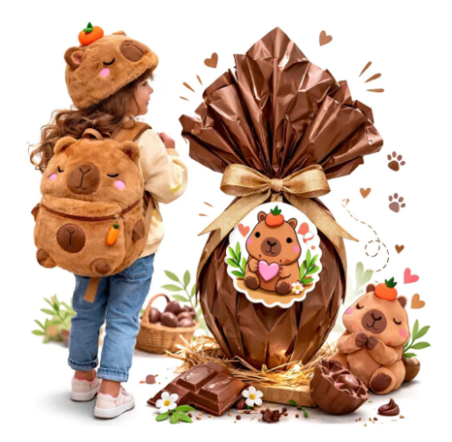 Kit Ovo de Páscoa + Mochila Capivara Infantil Pelúcia – Presente Criativo Páscoa Criança