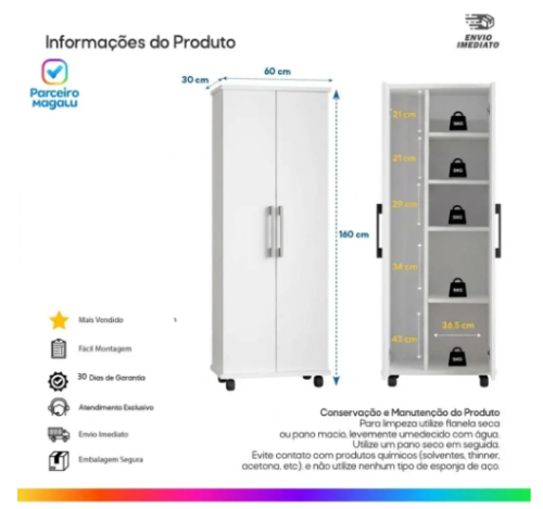 Armário Lavanderia 2 Portas com Espaço para Vassouras Multiuso com Rodinhas Móveis Bonatto