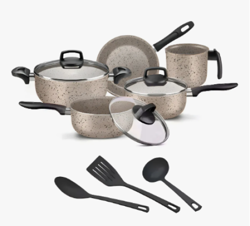 Jogo De Panelas 8 Peças Teflon Antiaderente C Tampa De Vidro Cor Ceramic