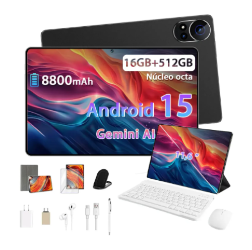 Tablet Android Tab Kit Completo Ram 16gb 512gb 11,6” Hd Tela Apoia Wifi Bateria 8800mah Com Caneta+teclado E Mouse Profissional Estudo Trabalho IA Gemini Jogos 2 Em 1 Tablets Pc Preto