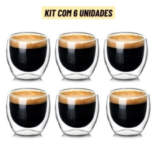 Conjunto com 6 Copos de Vidro Térmico Dupla Parede para Café Expresso 80ml