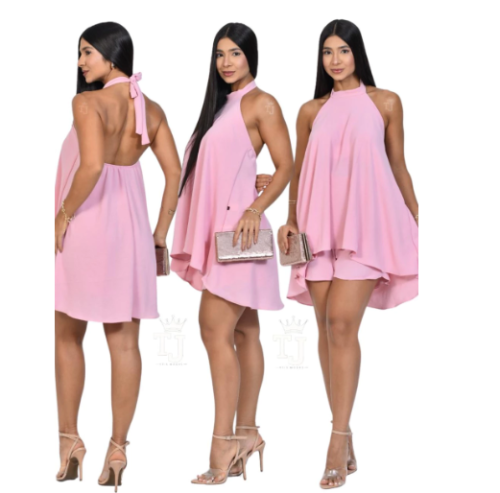 Conjunto Feminino Frente Única Estilo Vestido Macaquinho Soltinho Com Decote nas Costa Tendência Gola Alta Amarração