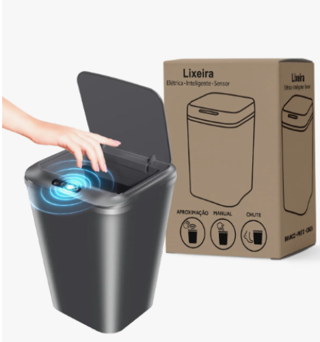 Lixeira Inteligente Sensor Automático 16l Cinza Smart Recarregável Para Banheiro E Cozinha