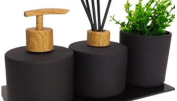 Kit Banheiro Luxo Vidros Preto Fosco Aromatizador + Saboneteira com Bandeja para Lavabo