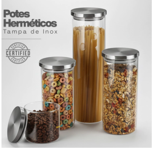 Porta Mantimento De Vidro Herméticos Kit Com 4 Potes Tampa De Inox