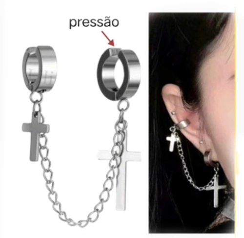1Pç Brinco De Pressão de Argola Com Pingnete de Cruz e Correte Aço inox unissex