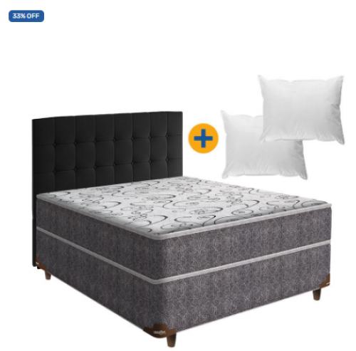 Cama Box Conjugada Casal de Molas Ensacadas Montana + Cabeceira Cassis Preta+Travesseiro