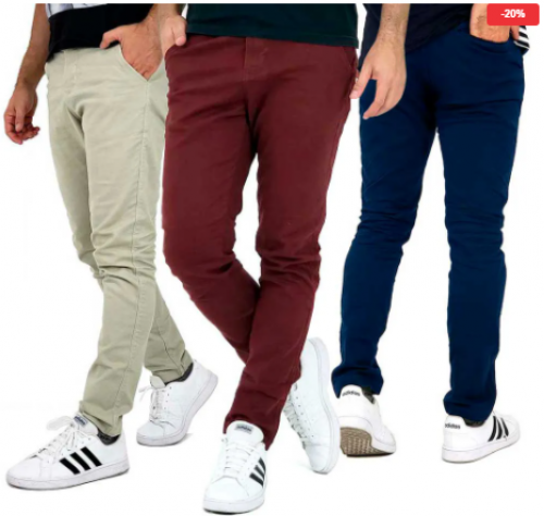 Kit com 3 calças masculinas sarja slim com lycra bamborra