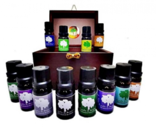 Kit Saúde bem estar com 12 óleos essenciais e caixa de madeira sustentável