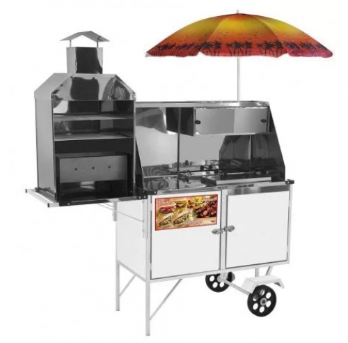 Carrinho 3 em 1 Cefaz Hot Dog, Lanche Churrasco Luxo Branco Rodas Maciças e Guarda Sol