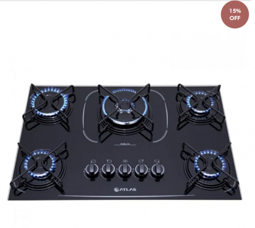 Cooktop 5 Bocas Preto com Mesa de Vidro e Tripla Chama Atlas Agile Up Glass Bivolt (Código 300001010)