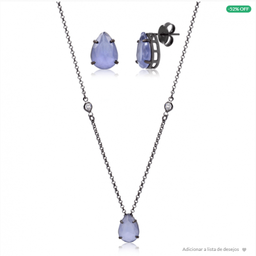 Conjunto de colar e brincos com pedra natural lilás folheado em ródio negro