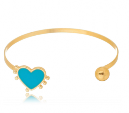 Bracelete Dourado Coração Esmaltado Azul Turquesa
