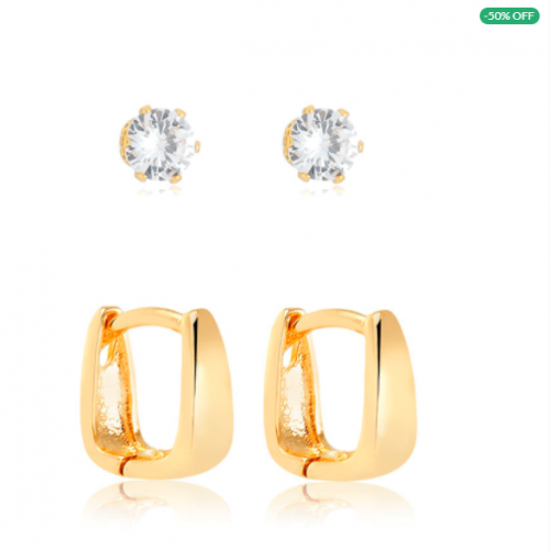 Mix de Brincos com Zircônia e Argolinha Quadrada folheado em ouro 18k