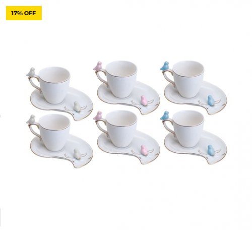 Conjunto 6 Xícaras De Café Com Pires Porcelana Wolff Birds