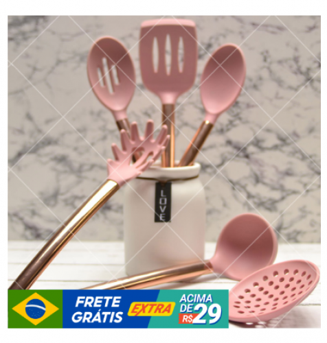 Utensílios De Cozinha Silicone Rosa Cabo Aço Inox