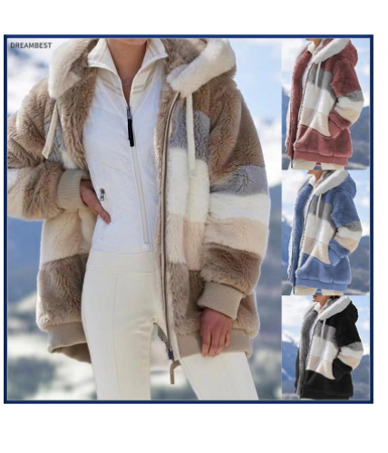 Jaqueta Feminina Com Capuz De Pelúcia Multicolorido Para Outono/Inverno