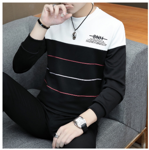 Camiseta Masculina Colorida Combinando Slim Listrada Com Mangas Compridas Preto Cinza