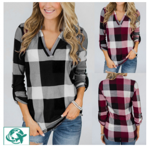 Bgk Camisa Feminina De Mangas Compridas Com Decote Em V E Estampa De Botão Xadrez