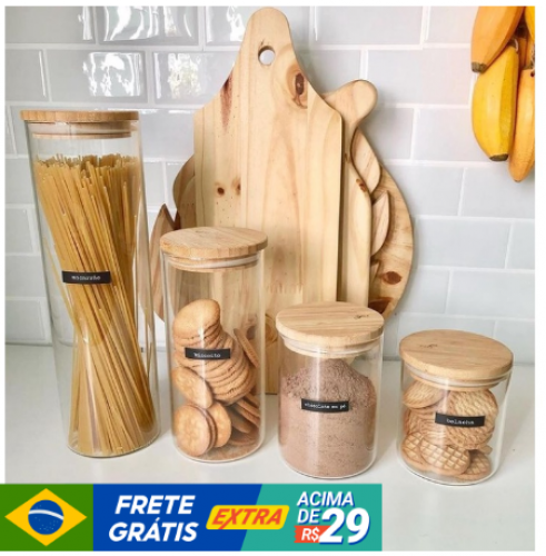 KIT POTE HERMÉTICO DE VIDRO COM TAMPA DE BAMBU PORTA MANTIMENTOS YOI