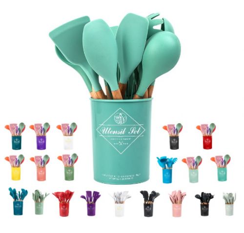 11 Conjunto De Cozinha De silicone Multifuncional circular Com Cabo De Madeira