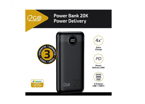 Carregador Portátil (Power Bank) Ultra Rápido 20000mAh Power Delivery 20W 2 Saídas USB + 1 Saída/Entrada USB-C Preto I2GO – I2GO PRO