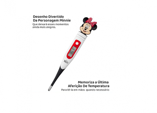 Multilaser Termômetro Digital Ponta Flexível Disney Minnie Desligamento Automático Mede a Temperatura em 1 Minuto – HC079, Branco