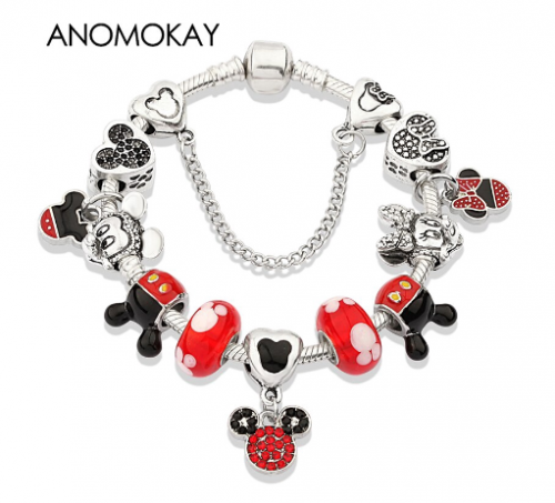 Pulseira Prateada com Pingentes do Mickey/Minnie Esmaltados/Cristal/Fashion para Presente