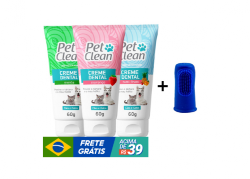 Kit Creme Dental + Escova Dedeira para Cães Gato Pet Clean