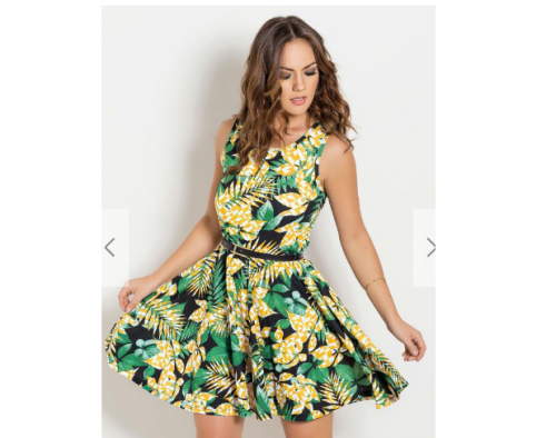 Moda Pop – Vestido Godê Folha e Geométrico Laranja