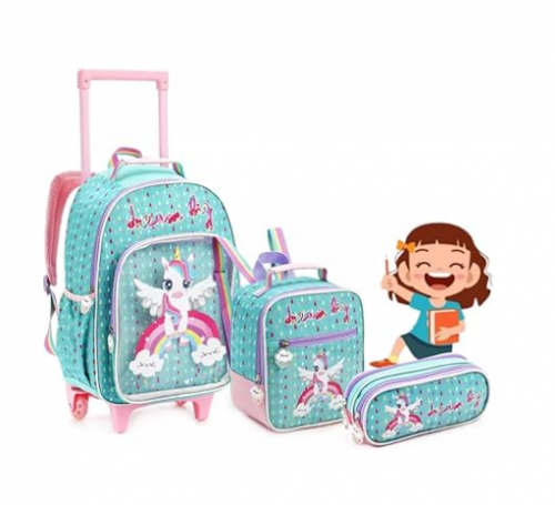 Kit Mochila Carrinho Estojo Lancheira DREAM BIG Unicórnio cor:Verde