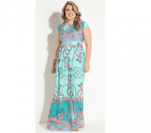Quintess – Vestido Longo Floral Turquesa com Manguinhas