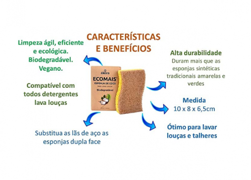 Kit 5 Esponjas de Coco Akora Ecomais Cozinha Bucha Mágica Lava Louças Talheres