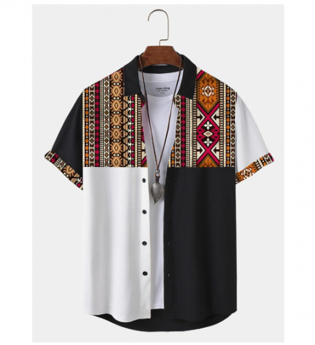 Camisas masculinas de manga curta com estampa geométrica étnica patchwork lapela