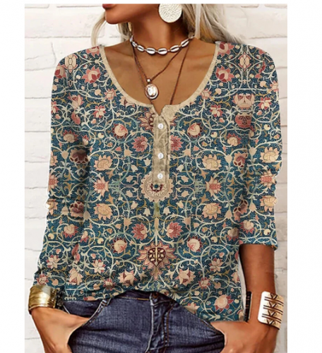 Camiseta feminina étnica com estampa floral quarto com botão de manga comprida