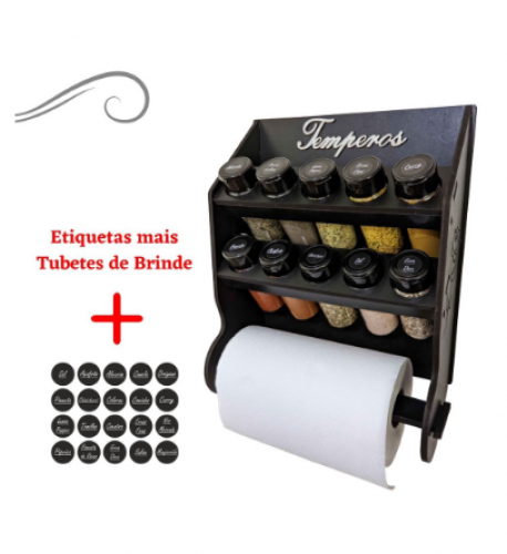 Porta Tempero e Condimentos com Porta Papel Toalha em Mdf Pintado com 10 Potes com Tampa mais Etiquetas