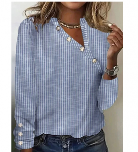 Blusa feminina listrada com botão Design algodão manga comprida