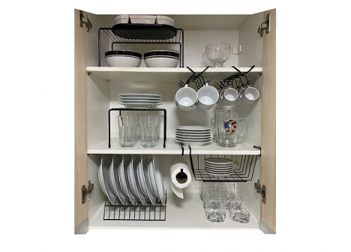 Kit Organizador para Cozinha Armário Prateleira Aramado Armazenamento Xícaras Porta Pratos Cesto 7 Un – Preto