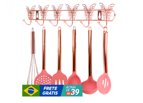 Kit 7 Peças Jogo de Utensílios De Cozinha Em Silicone Rose Conjunto Colher + Concha + Espátula + Escumadeira + Fouet + Cabide Gancho de Parede Rose Gold 6 Ganchos Personalizados Borboleta Multiuso