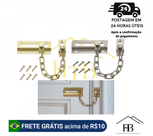 Fecho de Porta, Janela, Pega Ladrão, Ferrolho, Fechadura, Trava, Trinco com Corrente, Acabamento, Aço Cromado, Dourado