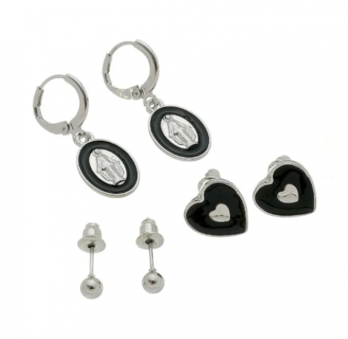 Kit Brinco Argola Prata Nossa Senhora E Coração Preto.