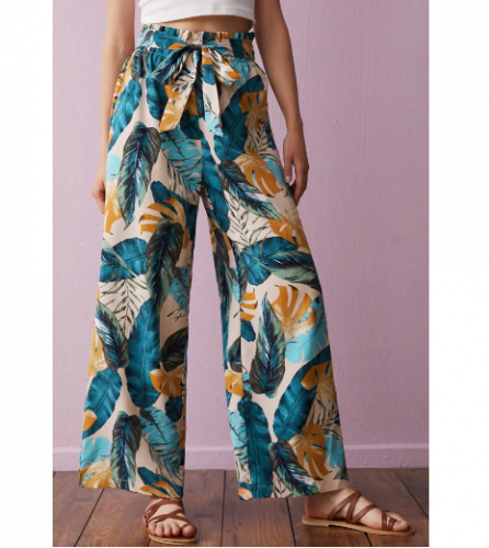 Folhas Estampadas Gravata Frontal Cintura Elástica Solta Perna Larga Calças