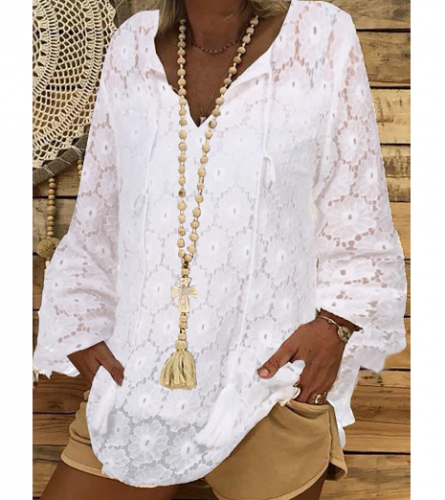 Chique com decote em V e manga comprida de renda em crochê Camisa